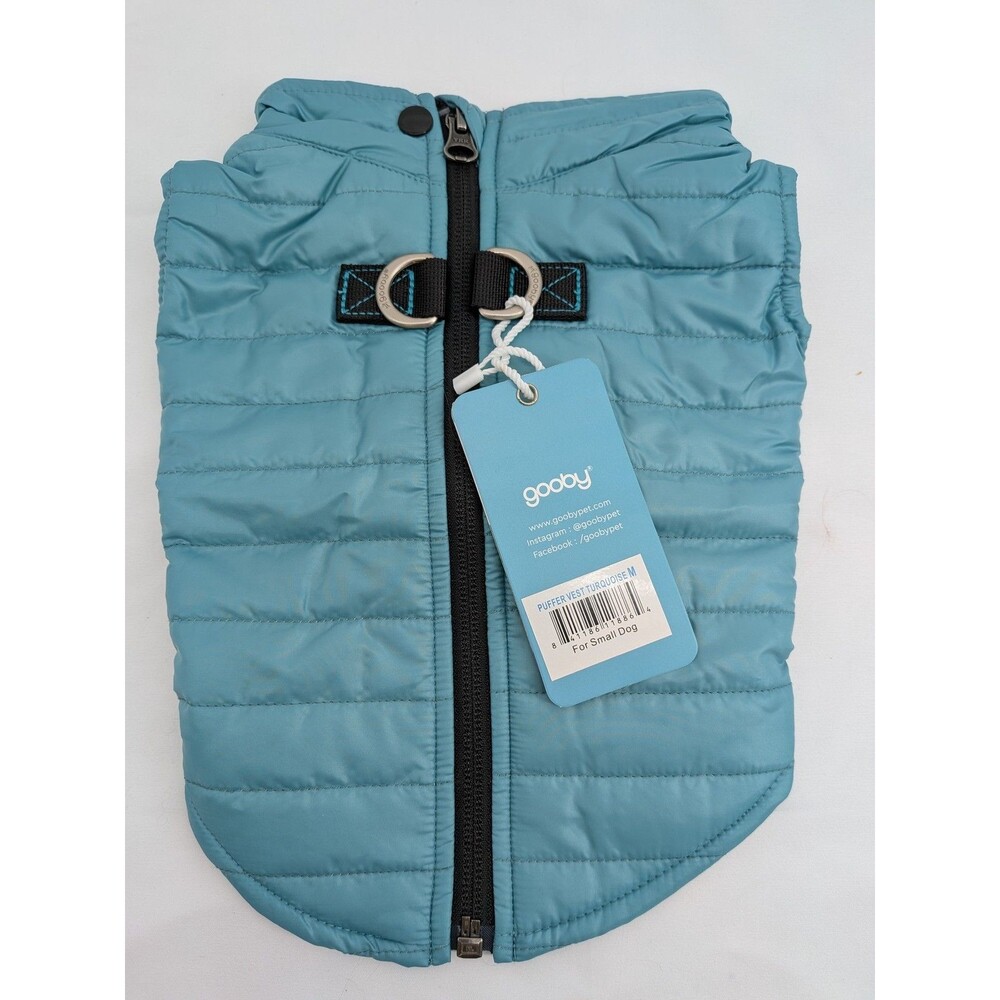 Gooby Pet Turquoise Puffer Vest Dog Coat Jacket Harness Compatible Size M Small